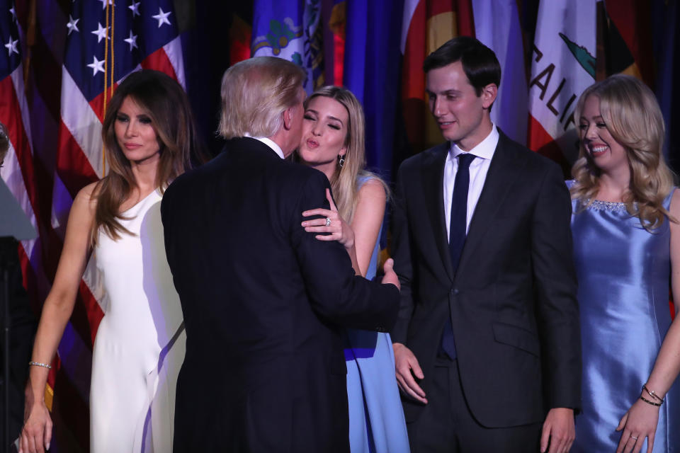 From left, Melania Trump, Donald Trump, Ivanka Trump, Jared Kushner, and Tiffany Trump celebrate on election night in 2016. (Photo: Mark Wilson/Getty Images)