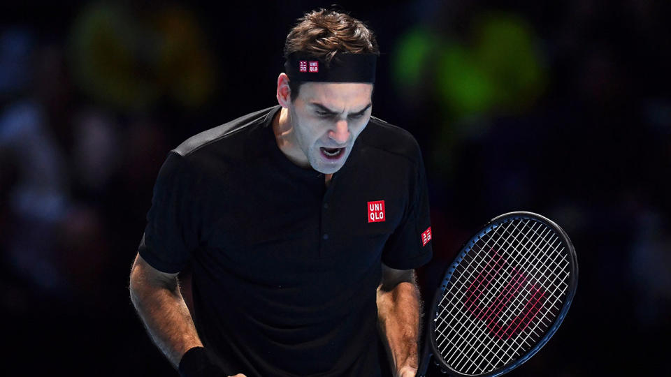 Roger Federer reacts in his semi-final singles match against Stefanos Tsitsipas in the ATP World Tour Finals at The O2 Arena on November 16, 2019 in London, England. (Photo by Justin Setterfield/Getty Images)