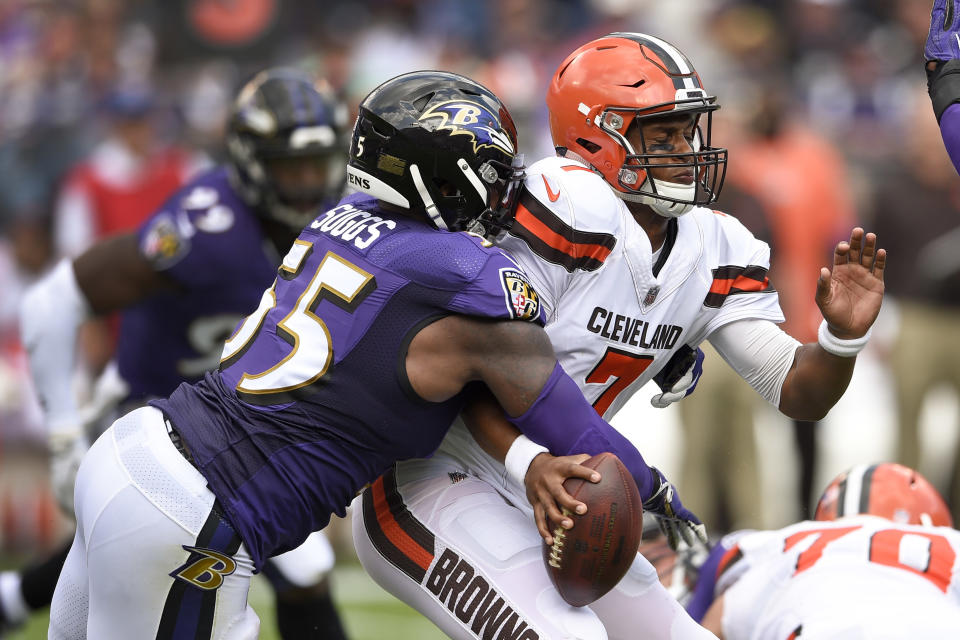 Terrell Suggs and the Ravens battered the Browns last week and surrendered only 10 points. (AP) 