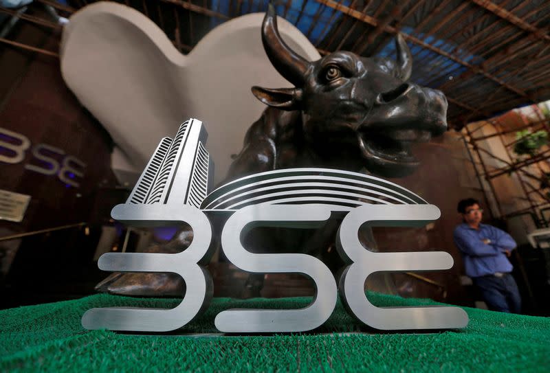 FILE PHOTO: The Bombay Stock Exchange (BSE) logo is seen at the BSE building in Mumbai