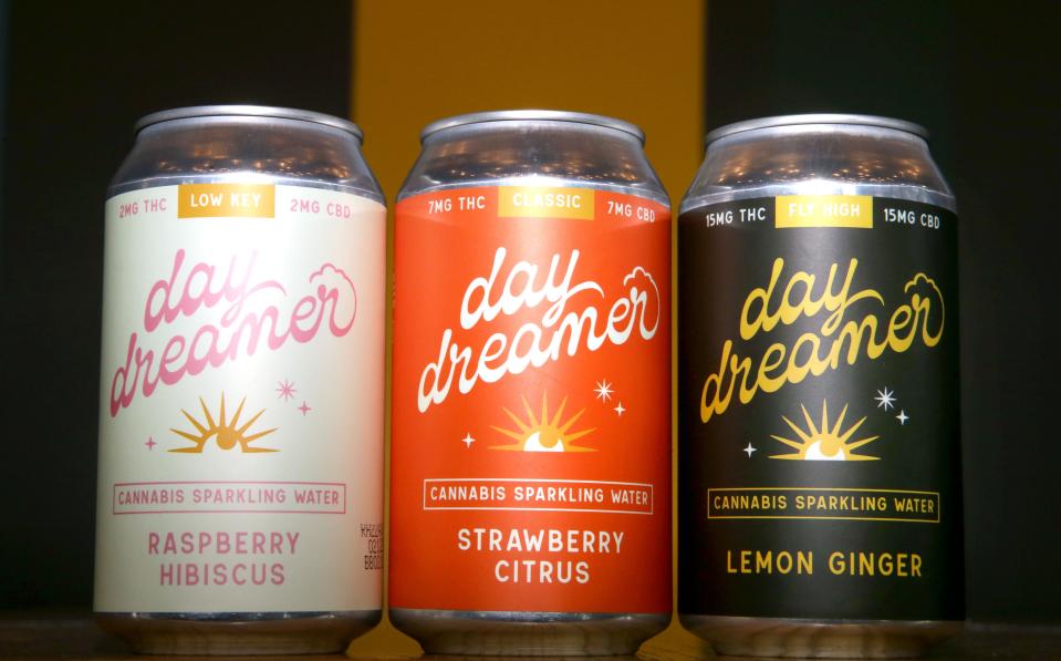 Three samples of Field Day Brewing Co.'s Day Dreamer THC beverages are pictured Wednesday, Feb. 21, 2024 at the brewery in North Liberty, Iowa. The brewery has released three flavors in three different strengths.