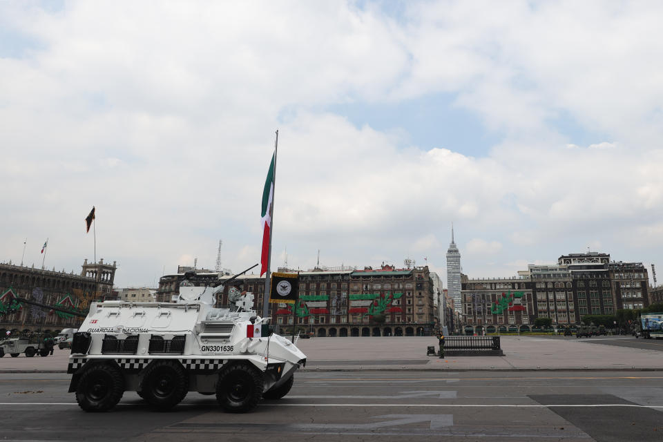 VARIOUS CITIES, MEXICO - SEPTEMBER 16: National Guards March during the Independence Day military parade at Zocalo Square on September 16, 2020 in Various Cities, Mexico. This year El Zocalo remains closed for general public due to coronavirus restrictions. Every September 16 Mexico celebrates the beginning of the revolution uprising of 1810. (Photo by Hector Vivas/Getty Images)