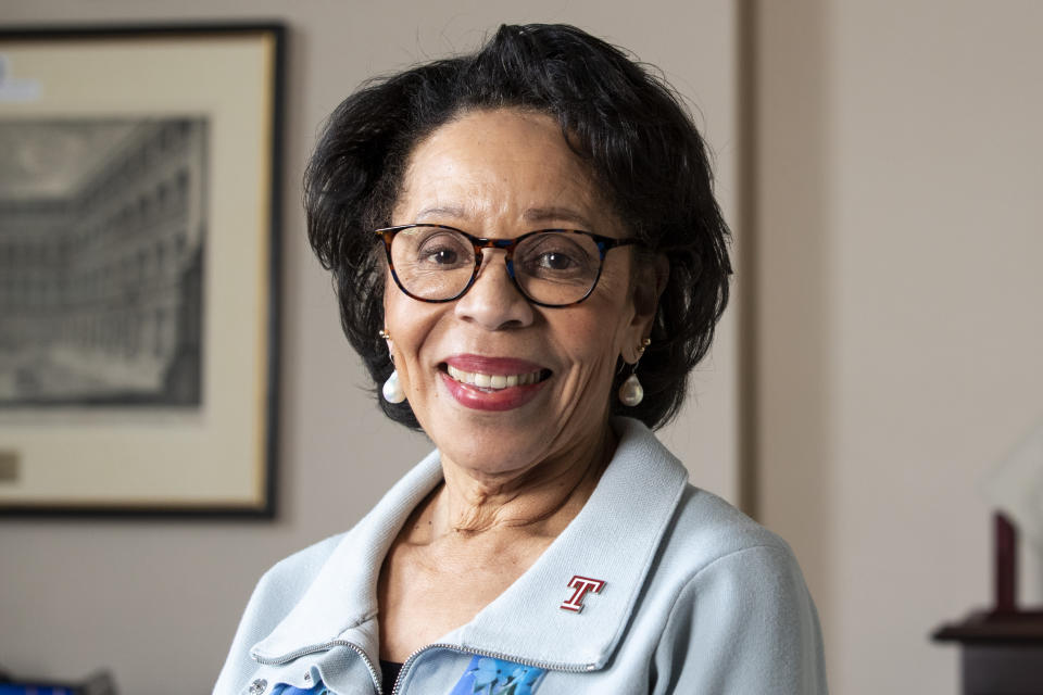 JoAnne Epps, a former Temple law school dean and provost, poses for a portrait on the Temple University campus in Philadelphia, April 11, 2023. Epps, acting president of Temple University, has died after collapsing at a memorial service Tuesday afternoon, Sept. 19, the university said. (Monica Herndon/The Philadelphia Inquirer via AP)