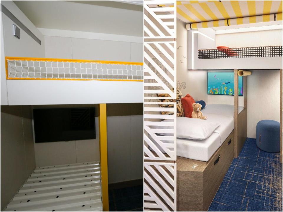 A collage of the rendering of the family infinite ocean view balcony stateroom with what the children's "annex" looks like now under construction