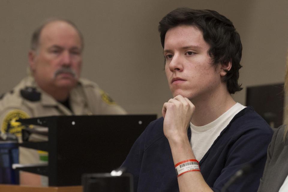 Defendant John Earnest listens during testimony by witness Oscar Stewart during Earnest's preliminary hearing, Thursday, Sept. 19, 2019, in Superior Court in San Diego. Prosecutors say Earnest opened fire during a Passover service at the Chabad of Poway synagogue on April 27, killing one woman and injuring three people, including the rabbi. (John Gibbins/The San Diego Union-Tribune via AP, Pool)