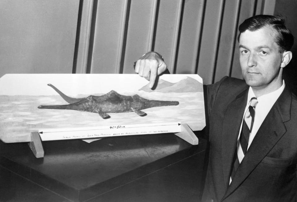 <div class="inline-image__caption"><p>Former Royal Air Force pilot Tim Dinsdale displays a model he made of the storied Loch Ness Monster in London, June 16, 1960. Dinsdale said he thought the monster could be a type of large reptile, possibly an evolved form of Plesiosaur, an aquatic dinosaur that existed more than 60 million years ago.</p></div> <div class="inline-image__credit">Bettmann/Getty</div>