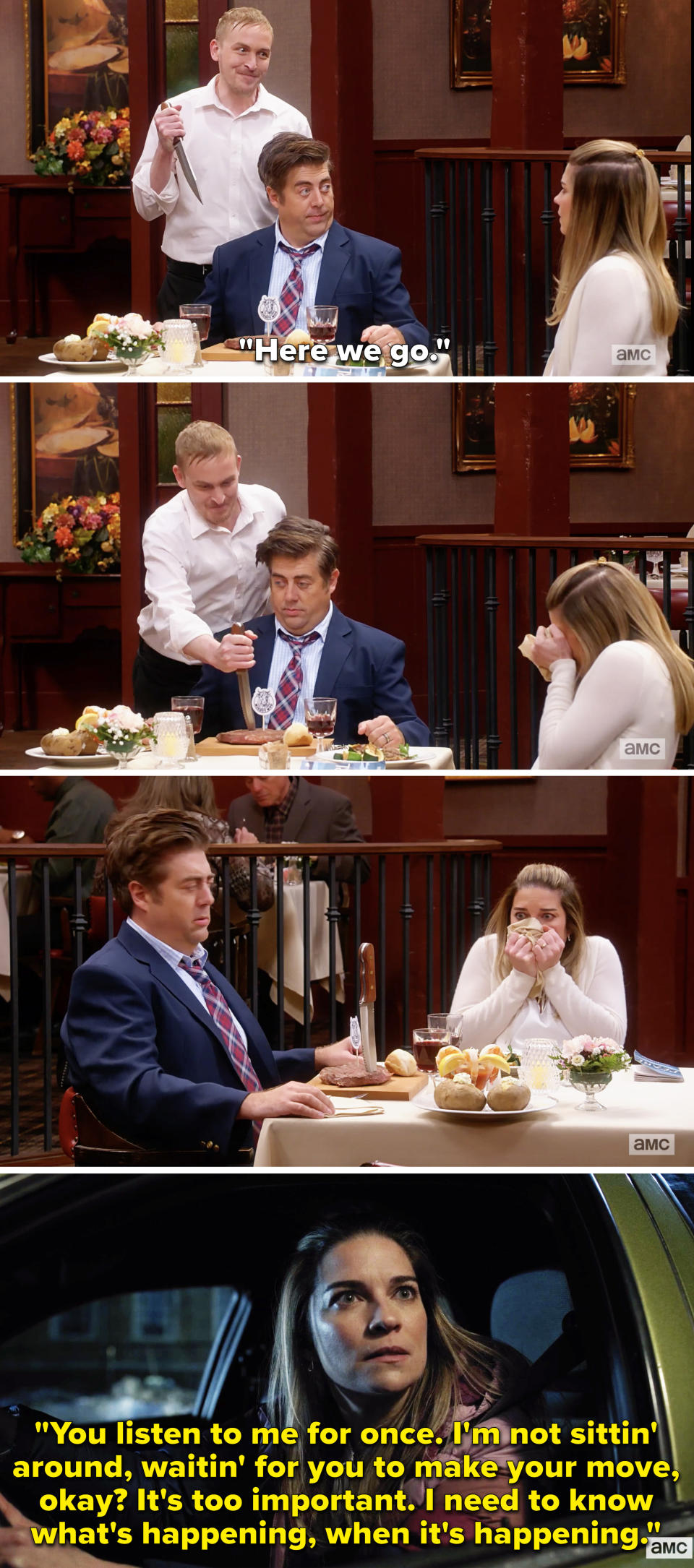 Nick sticking a knife if Kevin's steak and Allison screaming