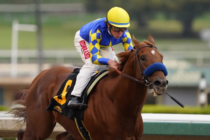 Charlatan, right, ridden by Drayden Van Dyke, runs ahead of the pack in the final stretch in the sixth race at Santa Anita Park Saturday, March 14, 2020, in Arcadia, Calif. Charlatan won the race. (AP Photo/Mark J. Terrill)