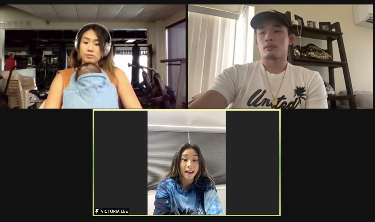 Mixed martial arts siblings (Clockwise from top left) Angela, Christian and Victoria Lee during a virtual media session ahead of ONE: Revolution fight event. (PHOTO: Screenshot/Yahoo News Singapore)