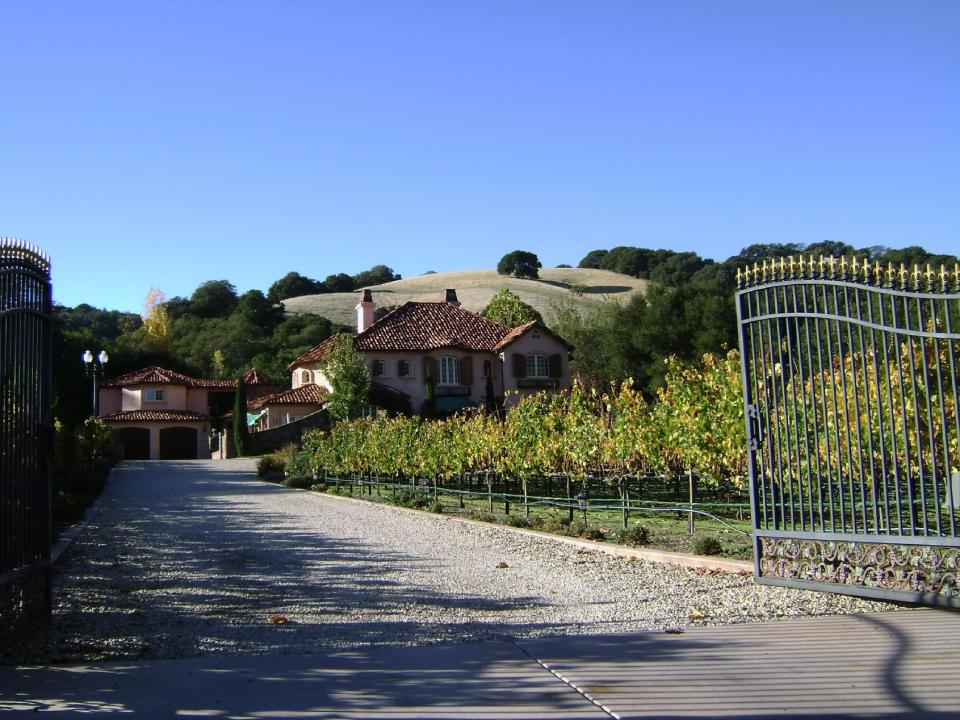 This undated photo provided by Tom Powers shows vines that do double duty by producing great-tasting wine grapes while enhancing the looks of the residential property near Martinez, Calif. The owner-designer placed the grapes in front of his house to help showcase the entry for visitors. Other vineyards include walking trails while some serve as entertainment centers with tables, chairs and outdoor kitchens. (AP Photo/Tom Powers, Tom Powers)