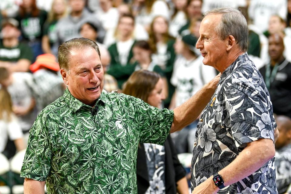 Michigan State's head coach Tom Izzo, left, talks with Tennessee head coach Rick Barnes before the Maui Relief Charity Game on Sunday, Oct. 29, 2023, at the Breslin Center in East Lansing.