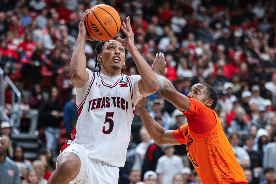Texas Tech's Darrion Williams goes for a layup against Oklahoma State in a Big 12 conference basketball game, Tuesday, Jan. 9, 2024, at United Supermarkets Arena.