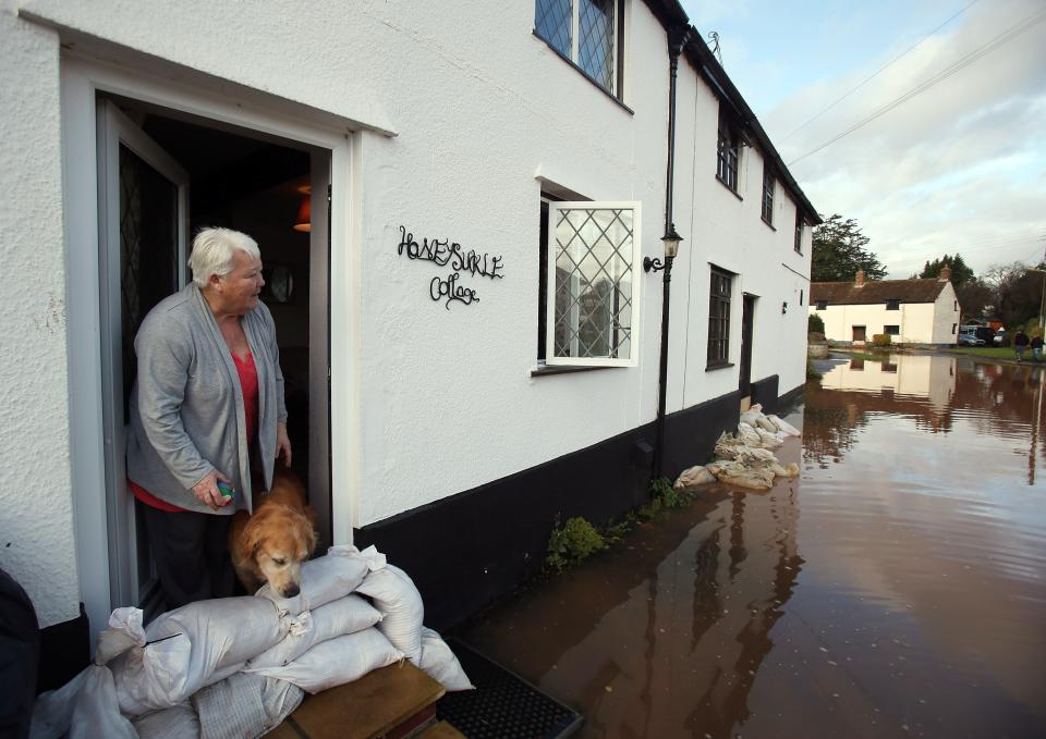 TAUNTON, UNITED KINGDOM - NOVEMBER 25: Anne Bartlett and her dog Henry look out from their flooded property in the centre of the village of Ruishton, near Taunton, on November 25, 2012 in Somerset, England. Another band of heavy rain and wind continued to bring disruption to many parts of the country today particularly in the south west which was already suffering from flooding earlier in the week. (Photo by Matt Cardy/Getty Images)