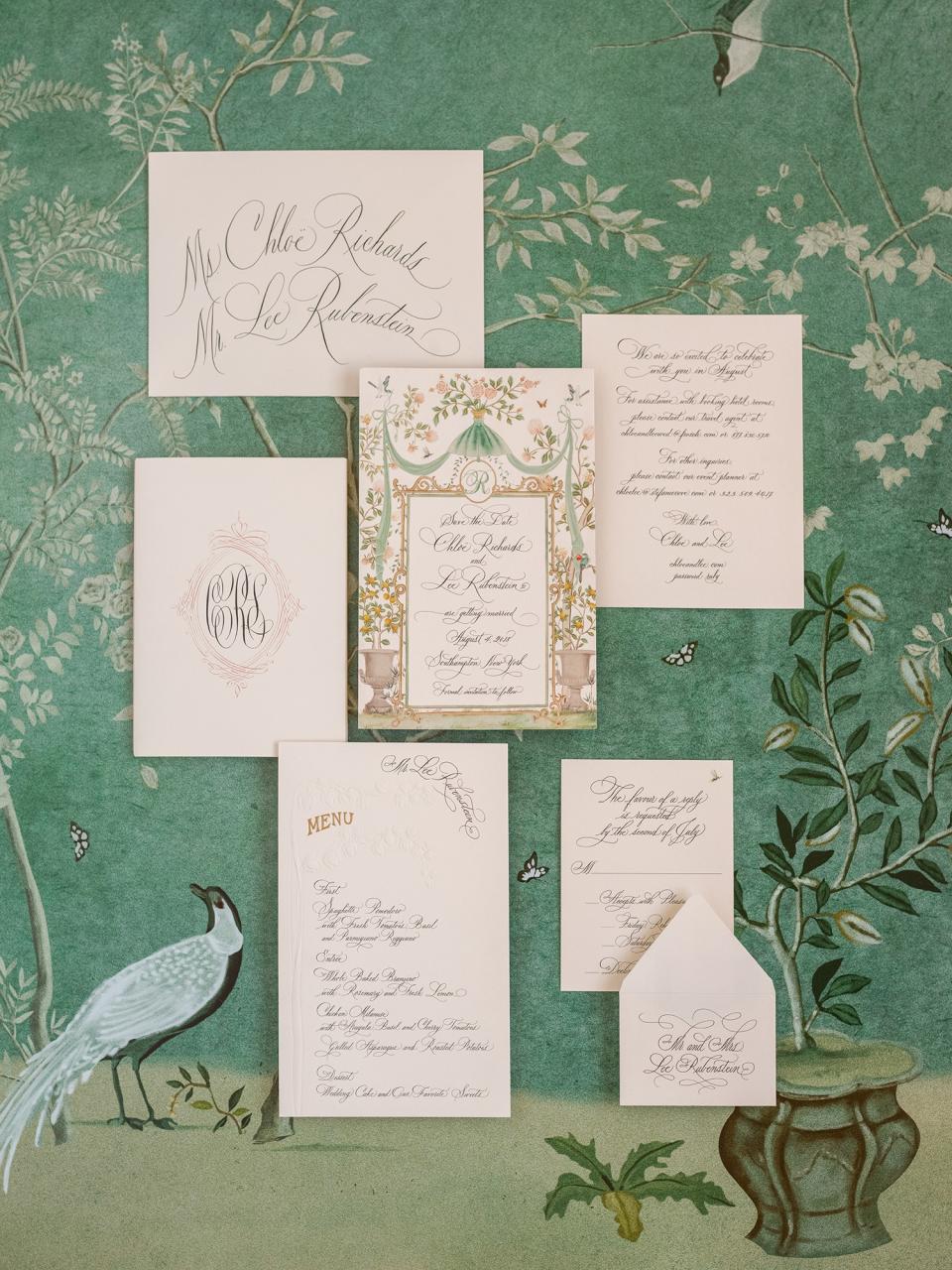 We worked with the incredibly talented team at De Gournay to create our save the dates, which helped inform the aesthetic of the paper items, ceremony, and reception decor.