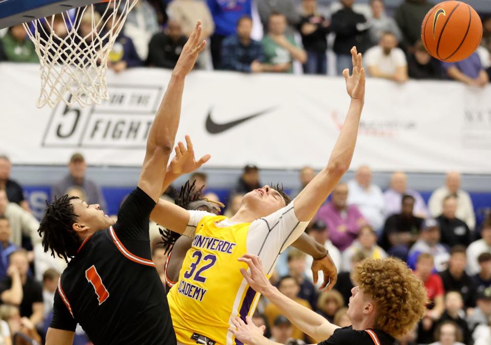 Wasatch Academy’s Isiah Harwell blocks a shot by Montverde Academy’s Cooper Flagg during a National Hoopfest Utah Tournament game at Pleasant Grove High School in Pleasant Grove on Monday, Nov. 20, 2023. Montverde won 88-53. | Kristin Murphy, Deseret News