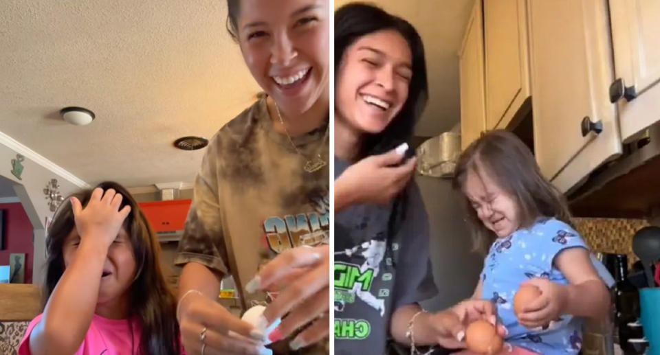 Parents pranking their children by cracking an egg on the forehead as part of a TikTok challenge