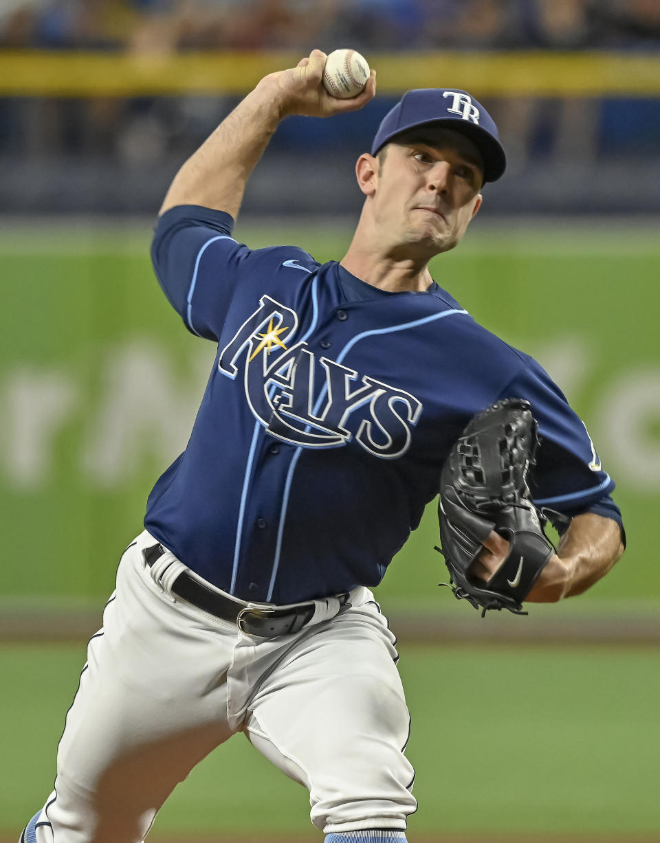 Tampa Bay Rays starter David Robertson pitches against the Miami Marlins during the first inning of a baseball game Friday, Sept. 24, 2021, in St. Petersburg, Fla. (AP Photo/Steve Nesius)