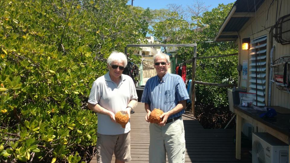 Malcolm McCulloch, right, and Amos Winter, studied sclerosponges pulled from the Caribbean Sea near Puerto Rico to determine pre-Industrial temperature changes.