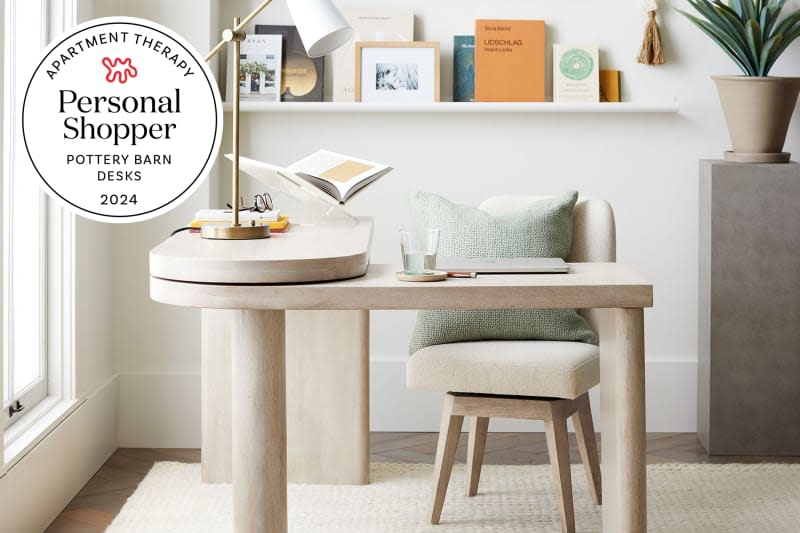 Pottery Barn Cayman L-Shape Rotating Desk with seal in upper left that reads "Apartment Therapy Personal Shopper: Pottery Barn Desks 2024"