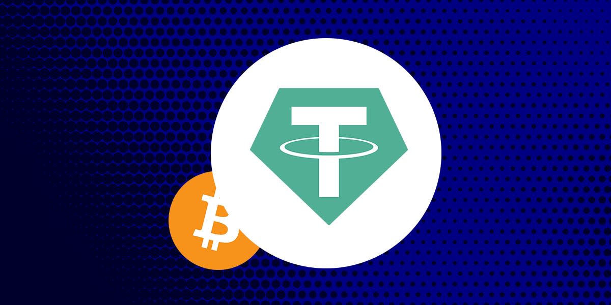 Large Tether logo in front of a small Bitcoin logo
