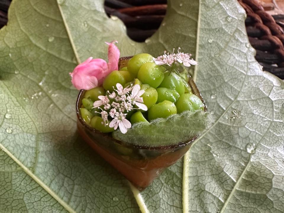 A close-up shot of the pea sushi at Noma.