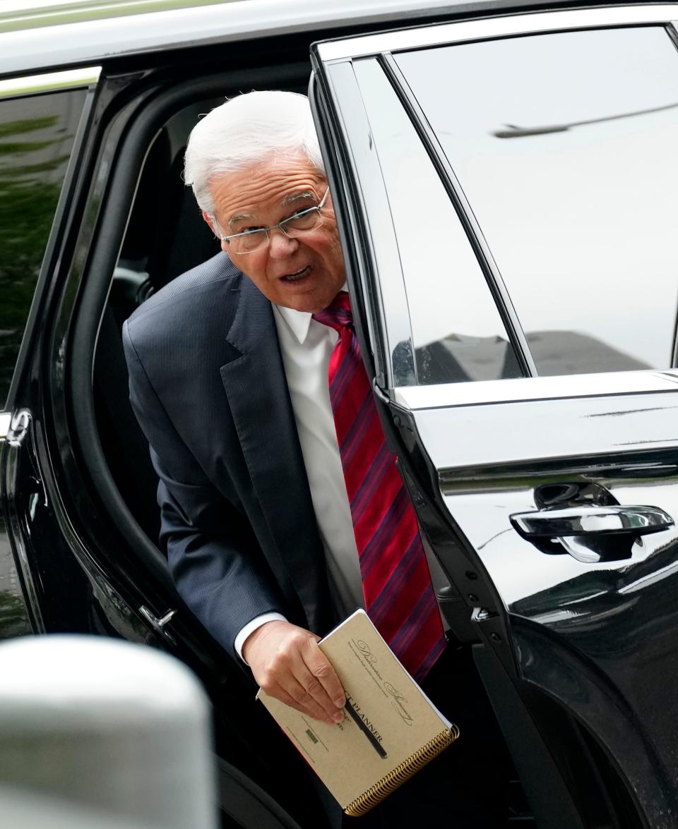 United States Senator, Bob Menendez, arrives at Daniel Patrick Moynihan U.S. Courthouse where he will be on trial for bribery and corruption charges. The jury selection for the trial is expected to start today, Monday, May 13, 2024.