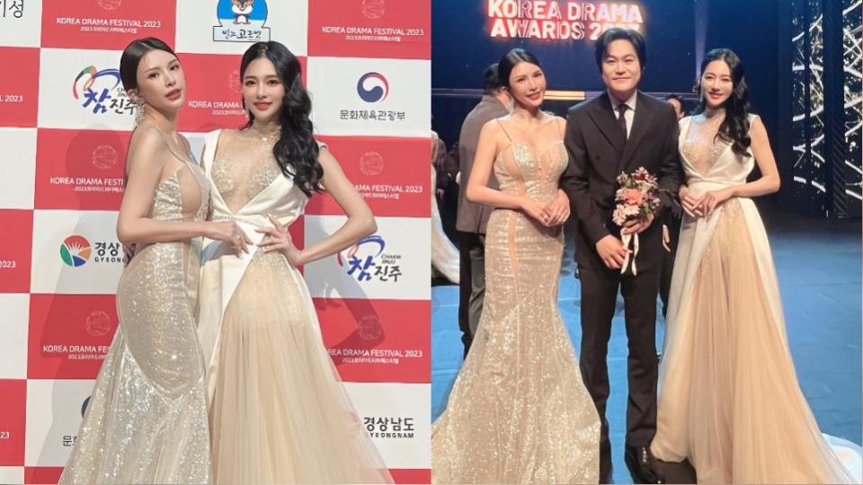 「國光女神」蘇心甯、王思佳參加韓國電視劇大賞頒獎，遇到韓星金成均。（圖／J2 plus wedding提供）