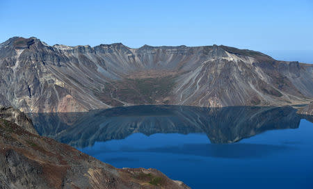 The Heaven Lake is pictured on the top of Mt. Paektu, North Korea, September 20, 2018. Pyeongyang Press Corps/Pool via REUTERS