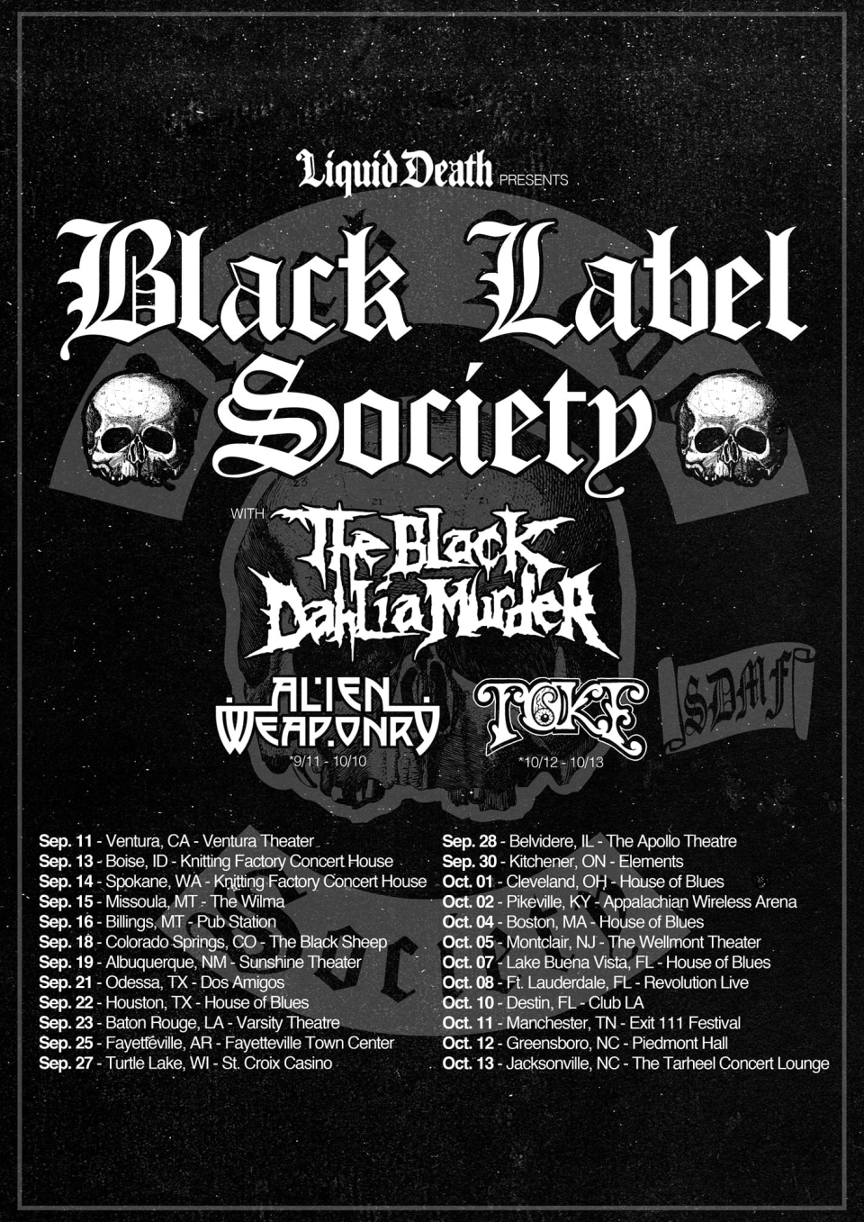 Black Label Society fall 2019 tour poster