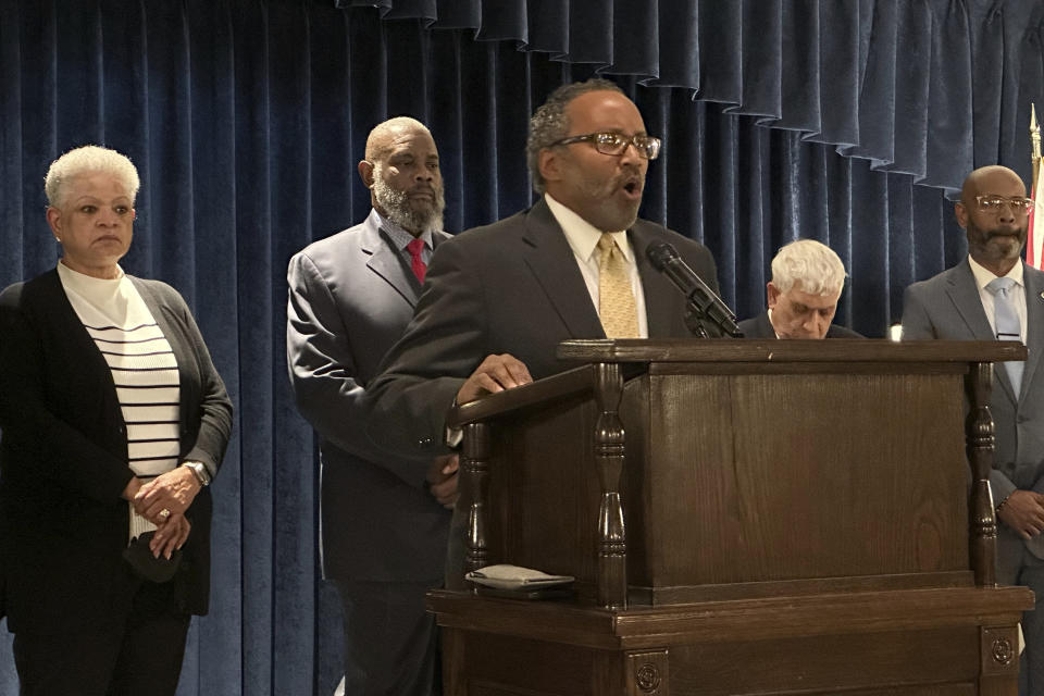 Missouri NAACP President Rod Chapel decries a noose that was allegedly left at a Black St. Louis mechanic's desk station while speaking against racism, Tuesday, Feb. 27, 2024, at the Missouri Capitol in Jefferson City. (AP Photo/Summer Ballentine)