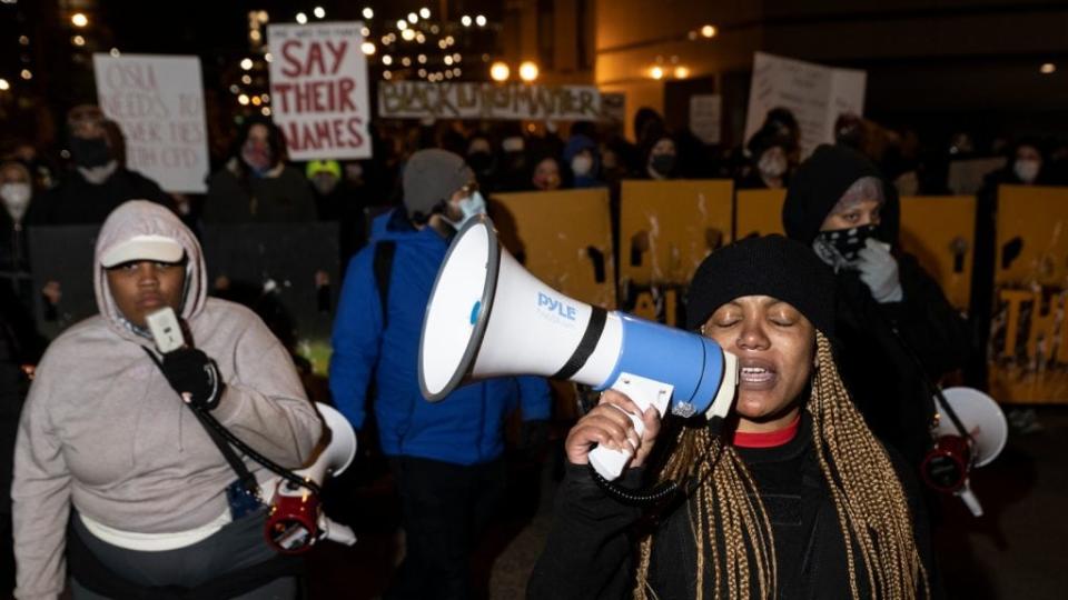 Black Lives Matter protesters march through downtown in Columbus, Ohio Wednesday in response to the police shooting of 16-year-old Ma’Khia Bryant. (Photo by Stephen Zenner/Getty Images)