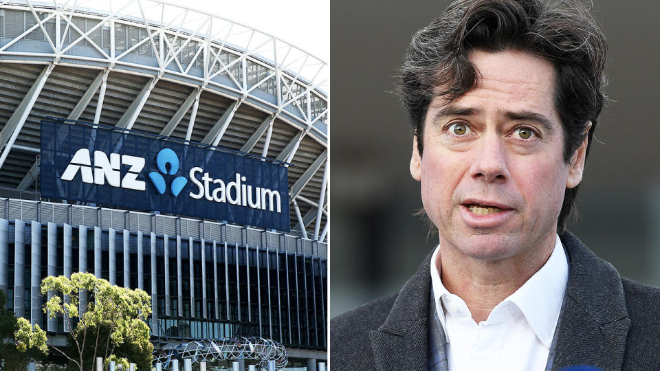 Gillon McLachlan, pictured here touting ANZ Stadium as a potential AFL grand final venue.