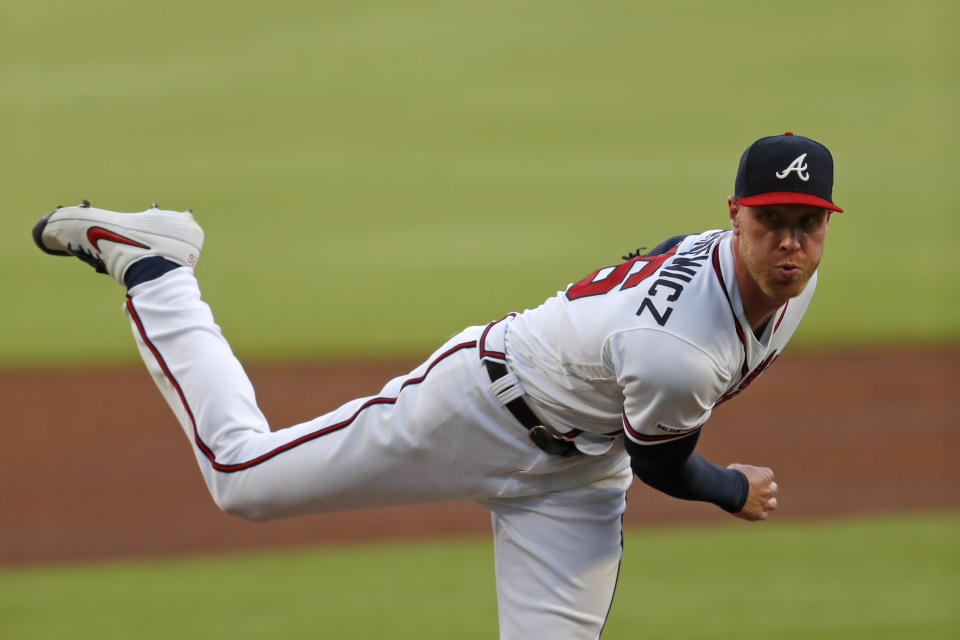 Atlanta Braves starting pitcher Mike Foltynewicz delivers in the first inning of a baseball game against the Los Angeles Dodgers, Saturday, Aug. 17, 2019, in Atlanta. (AP Photo/John Bazemore)
