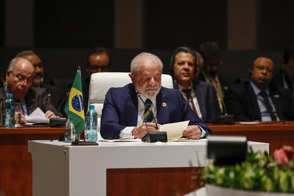 Brazil's President Luiz Inacio Lula da Silva attends the plenary session during the 2023 BRICS Summit in Johannesburg, South Africa, Wednesday, Aug. 23, 2023. (Gianluigi Guercia/Pool via AP)