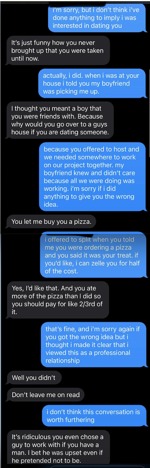 Text conversation between two individuals discussing a misunderstanding about living situations and job commitments