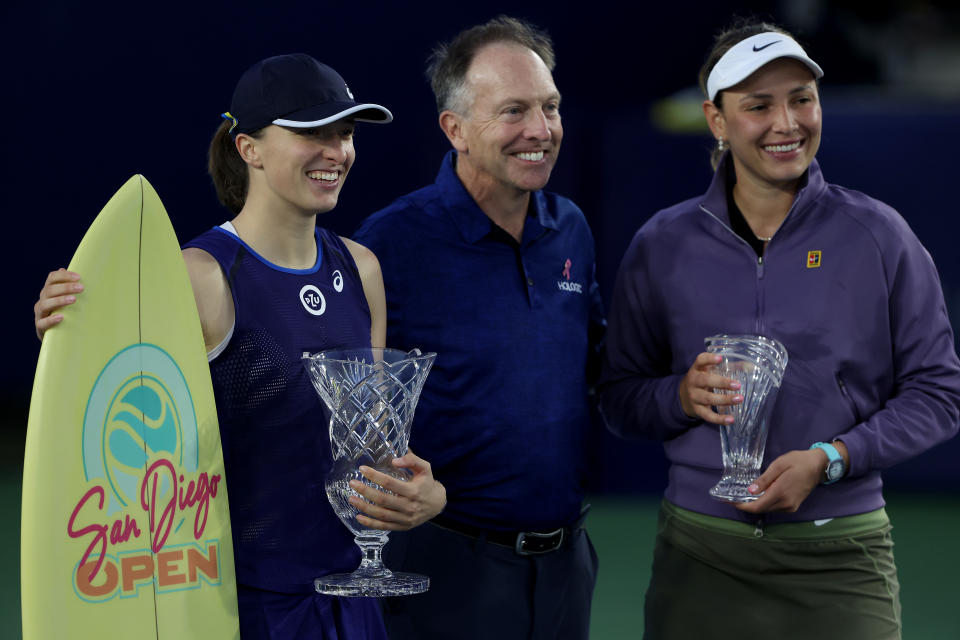 Iga Swiatek and Donna Vekic, pictured here with their trophies after the San Diego Open final.