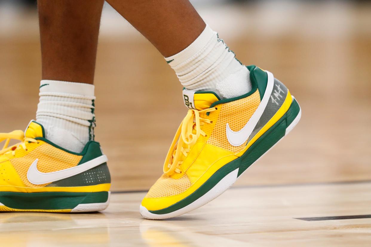 A Baylor player wears Baylor-themed Nike Ja Morant Ones during the first round game between Colgate University and Baylor University in the 2024 NCAA Tournament at FedExForum in Memphis, Tenn., on Friday, March 22, 2024.