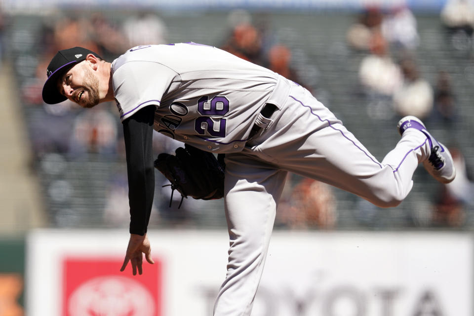 Colorado Rockies starting pitcher Austin Gomber works in the first inning of a baseball game against the San Francisco Giants, Friday, April 9, 2021, in San Francisco. (AP Photo/Eric Risberg)