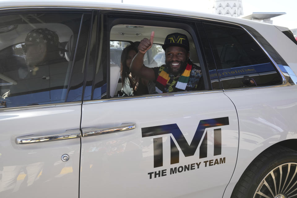 U.S boxing promoter and former professional boxer Floyd Joy Mayweather is seen upon arrival at Robert Mugabe airport in Harare, Zimbabwe, Thursday, July 13 2023. Mayweather is in the country for what he is calling the Motherland Tour. (AP Photo/Tsvangirayi Mukwazhi)