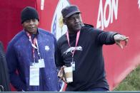 Michael Jordan looks around the first tee before a foursomes match the Ryder Cup at the Whistling Straits Golf Course Saturday, Sept. 25, 2021, in Sheboygan, Wis. (AP Photo/Ashley Landis)