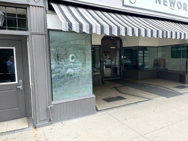 A NEWork Space window was damaged during a weekend vandalism spree on North Park Place in downtown Newark.