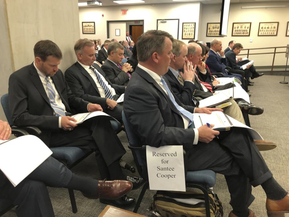 Executives of Santee Cooper listen as the utility makes its presentation before the Senate Finance Committee on Tuesday, Feb. 25, 2020, in Columbia, S.C. Four executives did not show up because their lawyers advised them not to testify. (AP Photo / Jeffrey Collins)