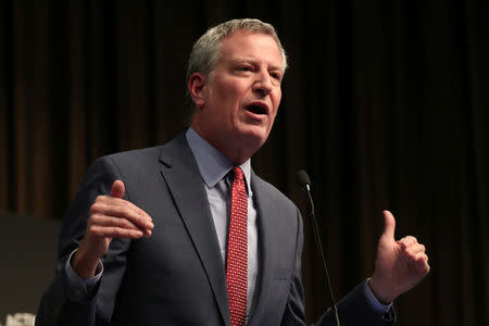 FILE PHOTO: New York City Mayor Bill de Blasio speaks at the 2019 National Action Network National Convention in New York, U.S., April 3, 2019. REUTERS/Shannon Stapleton