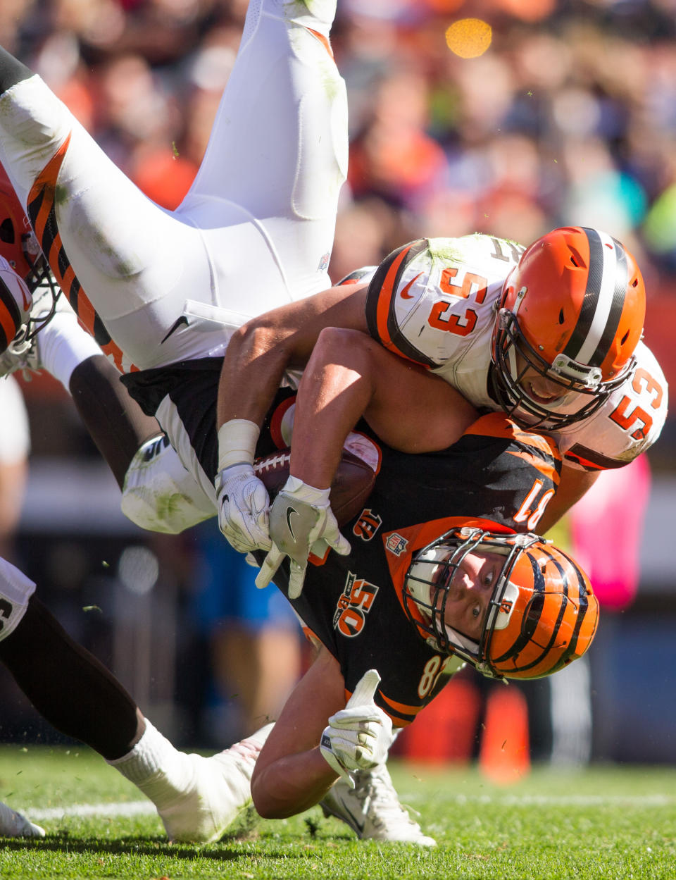 <p>Cincinnati Bengals tight end Tyler Kroft (81) makes a touchdown reception while being hit by Cleveland Browns middle linebacker Joe Schobert (53) during the third quarter at FirstEnergy Stadium. Mandatory Credit: Scott R. Galvin-USA TODAY Sports </p>