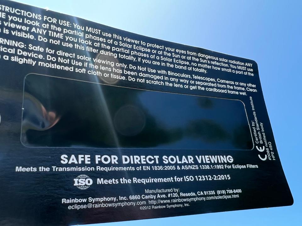 Make sure solar glasses and solar viewers meet international safety standards when viewing the sun. Glasses should contain the ISO number 12312-2:2015 and be from a reputable manufacturer as are these glasses.