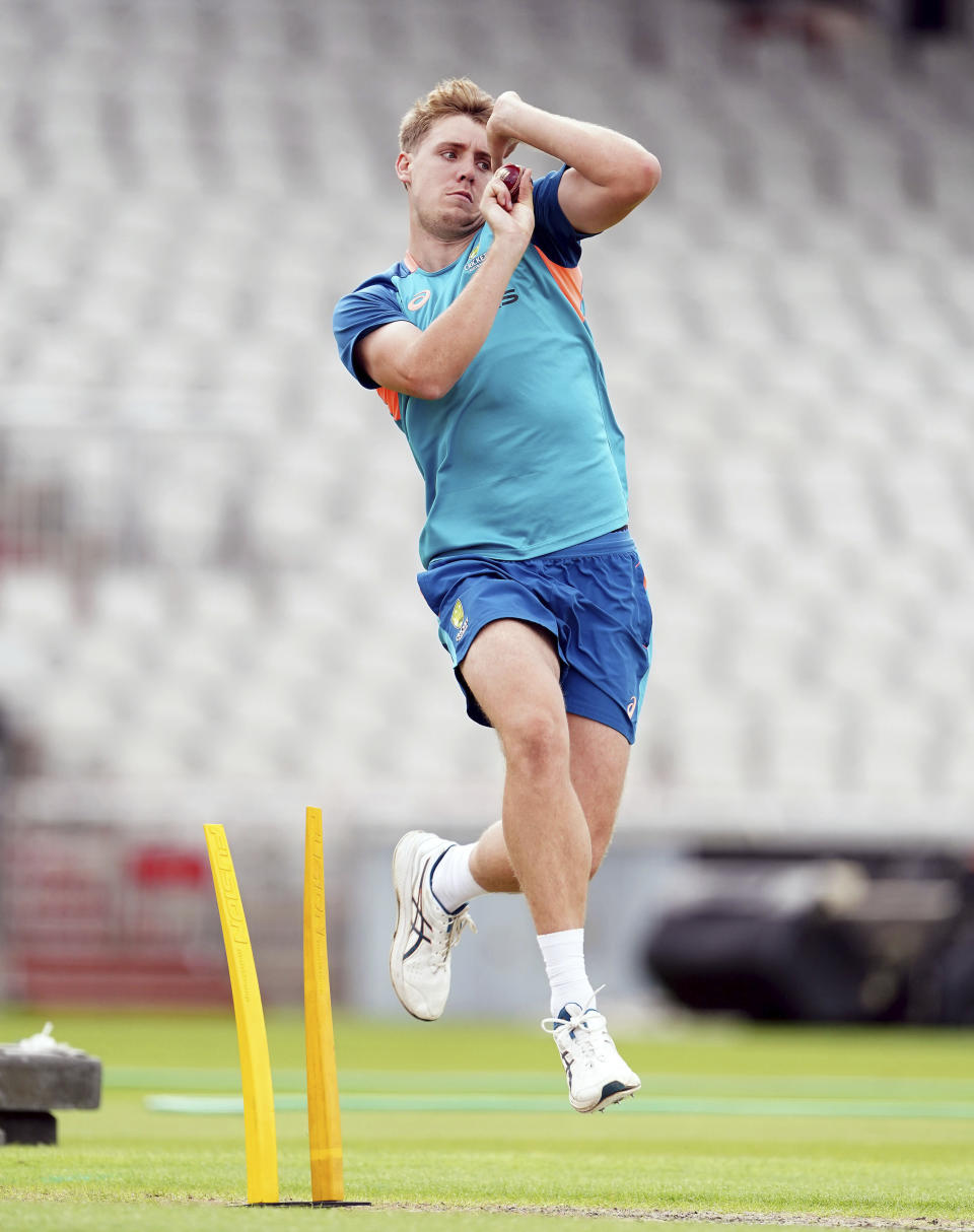 Australia's Cameron Green during a nets session at Emirates Old Trafford, Manchester, England, Monday, July 17, 2023. (Mike Egerton/PA via AP)