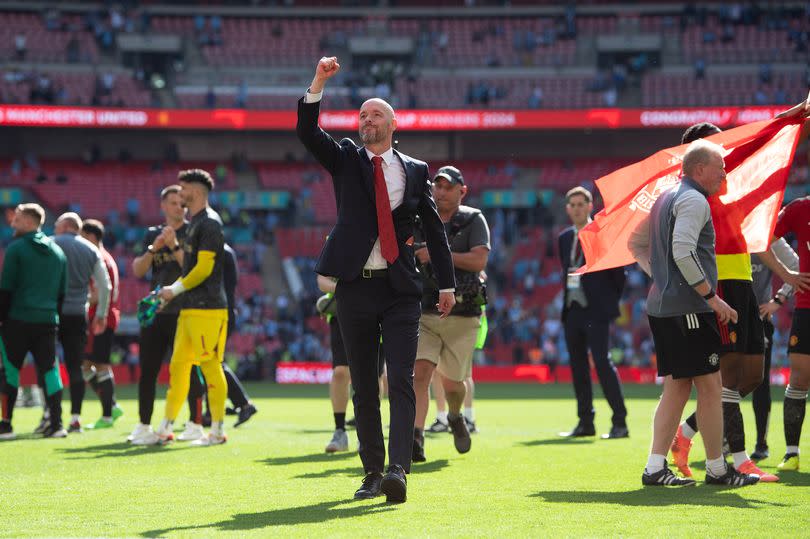 Erik ten Hag celebrates Manchester United winning the FA Cup