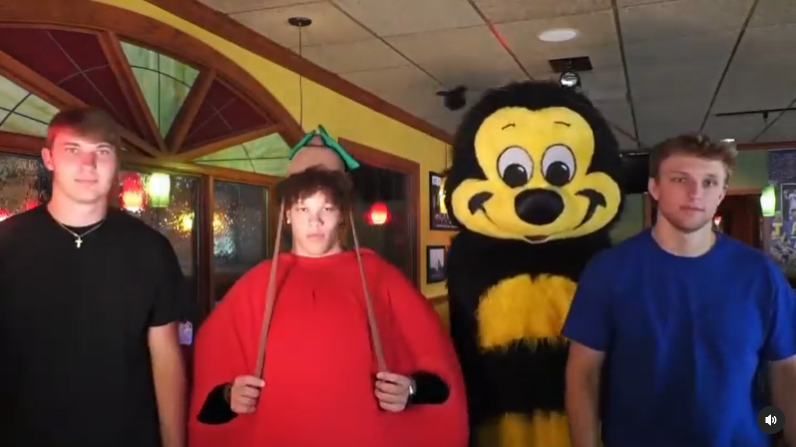 From left, former SDSU basketball player Baylor Scheierman, football player Isaiah Davis, basketball player Doug Wilson and football player Mark Gronowski filmed a commercial for Applebees that was posted on Instagram.