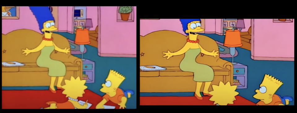 The Simpsons: (L) 4:3 original aspect and (R) 16:9 cropped and stretched. (YouTube/Disney)