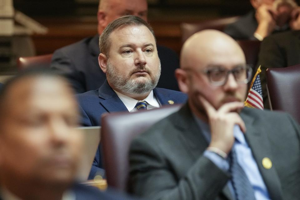 Rep. Dave Hall partakes in the first legislative session of the year Monday, Jan. 9, 2023, at the Indiana Statehouse in Indianapolis.